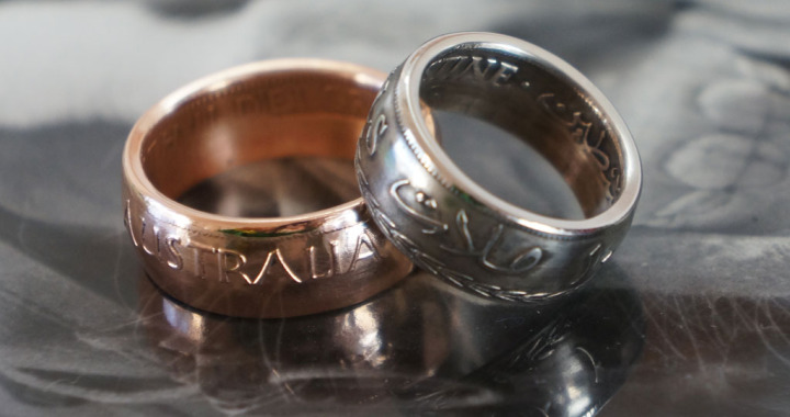 Polished Australian Penny ring and Silver Palestine Coin Ring