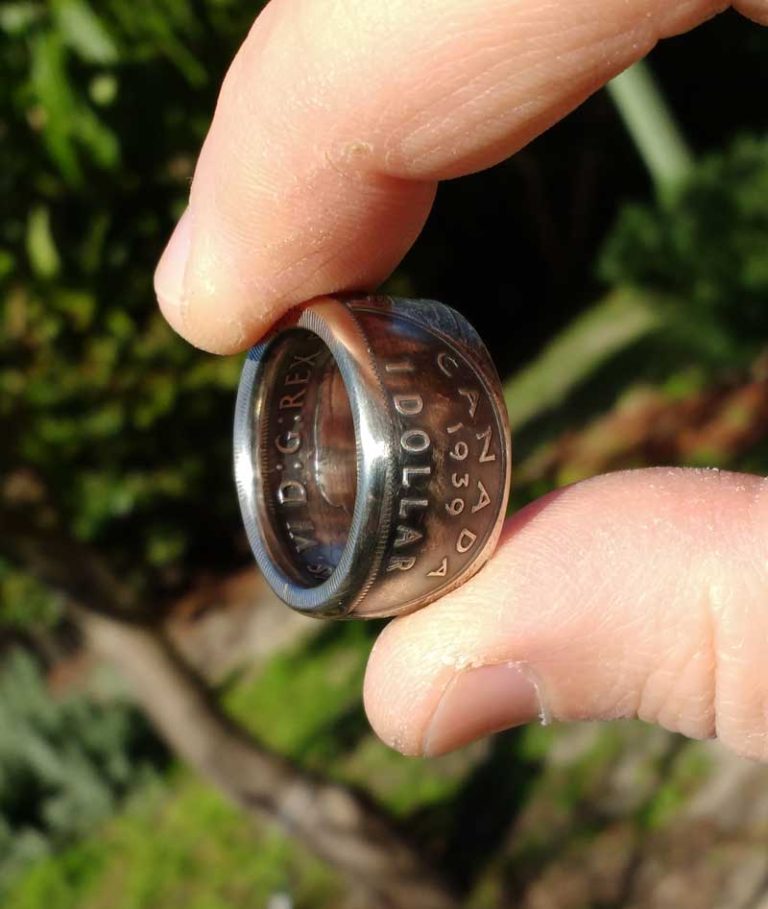1939 Canadian silver dollar coin ring and 1942 Canadian silver 50 cent ...